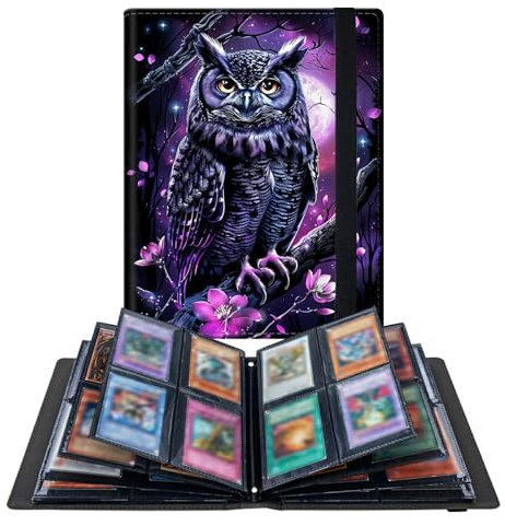 RWUTYTIUL Lila Eule 4 Taschen Sammelkarten Album, Sammelkarten Binder Halter mit 320 Kartenschutz, Erweiterbar PU Karten Buch Sammelkarten Sportkarten Binder für Sport, MTG und Andere TCG Ordner