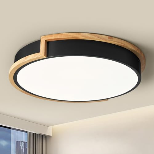 WOKNOS Deckenlampe, Deckenleuchte Schwarz 30cm, 24W LED Lamp mit Holz für Schlafzimmer Wohnzimmer Küche Flur Esszimmer 4000K