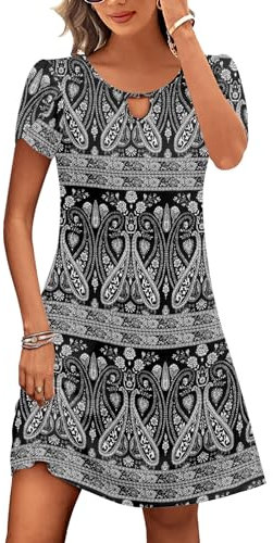 Zeagoo Summer Casual Dresses for Women Boho Green Floral Printed Dress Fit and Flare Swing Dresses Elegant Tunic Dress Black White L