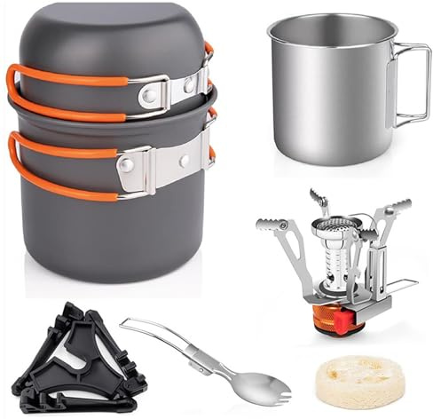 Juego de Utensilios de Cocina para Acampar de 8 Piezas, Estufa de Camping Plegable, Juego de Ollas y Sartenes Livianas con Taza de Acero Inoxidable y Cuchara Tenedor para Cocinar