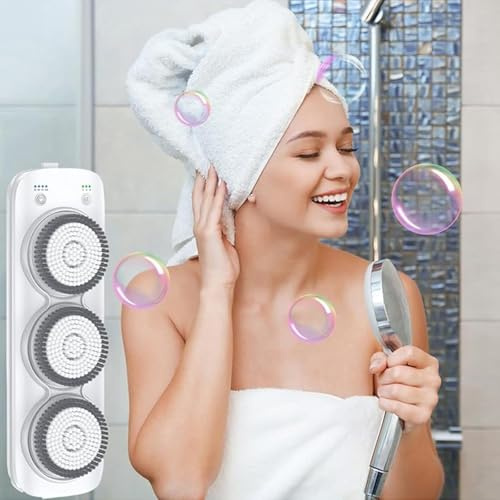 Cepillo eléctrico para el cuerpo, limpiador eléctrico de pared con 3 cabezales, cepillo corporal de cepillado en seco para baño, limpieza, exfoliación y masaje, cepillo de ducha recargable impermeable