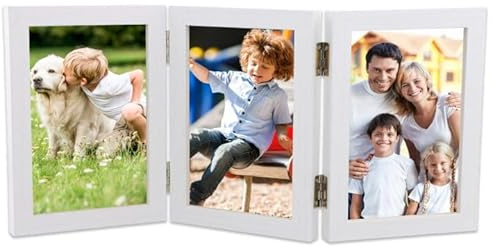 Ehuihuan Marco de fotos con 3 imágenes, marco de madera, collage doble y bisagra, para oficina, boda y familia (triple blanco de 6 pulgadas)