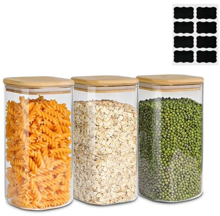 Eidoct Glass Food Storage Jars 1500ml, Glass storage containers with lids Clear Food Storage Container Jar with Sealing Lid for Noodles Flour Cereal Rice Sugar Tea Coffee Beans, Set of 3 (Square)