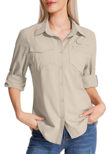 Camicia safari da donna UPF 50 con protezione solare UV ad asciugatura rapida, a maniche lunghe, per escursionismo, passeggiate, pesca, viaggi all'aperto, Cachi chiaro, M