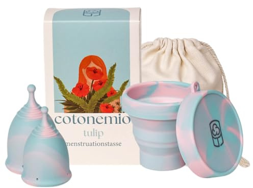 Cotonemio Tulip – XS & S Coppetta Mestruale in 100% Silicone Medico con Sterilizzatore e Sacchetto in Cotone | Kit Coppetta Riutilizzabile, Senza BPA, Fino a 12 Ore di Protezione