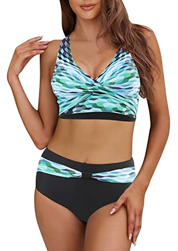 Bastwahl bademode Damen,Bikini Damen Bauchweg Zweiteiliger V Ausschnitt - Zweiteiliger Badeanzug überkreuztes Blumenmuster Bademode Bauchkontrolle Bikini Oberteil + Bikinihose Damen Sets Grün M