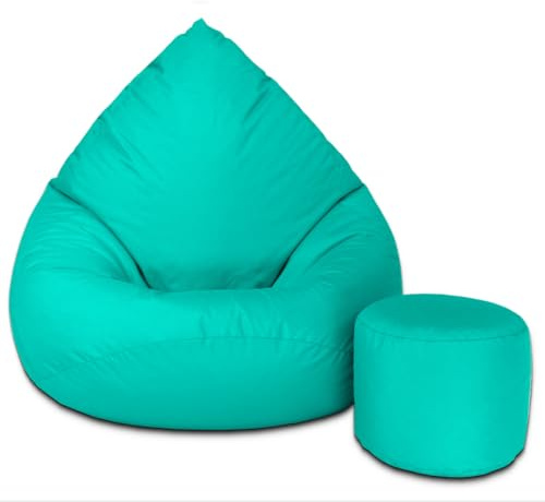 Pouf Poltrona Sacco con Poggiapiedi Blu Oceano 112x82x82 cm - Pouf Sacco XXL da Esterno Impermeabile - Pratico e Facile da Trasportare - Bean Bag per Adulti e Bambini - Fodera Lavabile