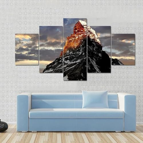 ANLIONE Leinwandbilder XXL Wohnzimmer Bilder Groß Bild auf Leinwand 5 Teilig Sonnenaufgang auf dem Matterhorn Wandbilder Schlafzimmer Wandbilder KüChe Wanddekoration Wohnzimmer