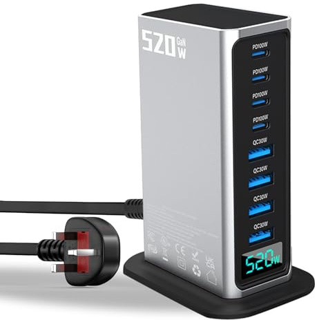 Suoxiom 520W USB C Charger Station, 8-Port GaN Desktop Charger Block, Fast Charging Station Hub with PD 100W Laptop Charger Plug Support PPS Compatible with MacBook Pro/Air, iPhone Series, Galaxy Seri