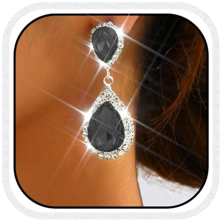 Unicra Teardrop boucles d'oreilles de mariage argent strass boucles d'oreilles de mariée cristal pendant bijoux pour les femmes et les mariées (noir)
