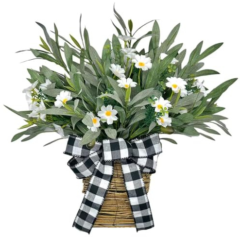 Door Hanger Basket Wreath,Olive Daisy Bow Flower Basket Spring Summer Wreaths for Front Door for Wedding Pendant Home Decoration Wall Hanging Tree Hanging