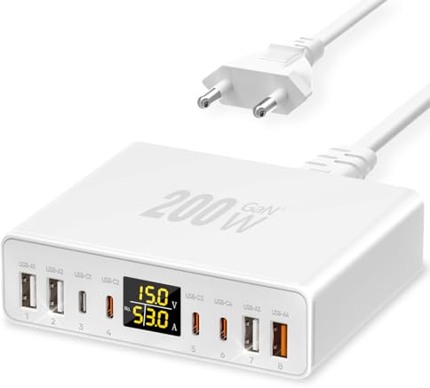 Caricatore USB C Multiplo 8 Porte con Schermo LED, YSYFAD 200W Stazione di Ricarica GAN Fast PD PPS Caricatore Type C 45W QC USBA caricabatterie per iPhone iPad Macbook laptop Samsung, Bianco