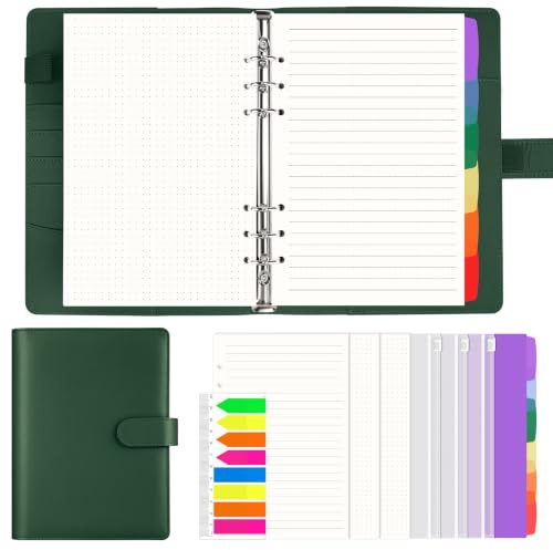 AKONEGE A5 Ringbuch, 6-Ring Ringbuch A5 nachfüllbar, mit 135 Blatt Nachfüllpapier, 3 Bindertaschen, 6 Registerkarten, Haftmarkern, Binder Planer-Organizer für Reisen, Arbeit und Schule, Dunkelgrün