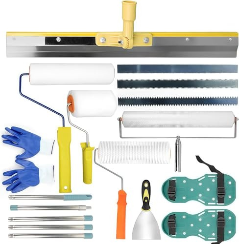 Upgraded Self Leveling Cement Kit, Epoxy Floor Kit, Spiked Roller for Leveling Cement, Paint Roller, Construction Spiked Shoes, Stainless Steel Scraper and Leveling Rake