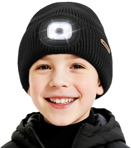 Wmcaps Kinder Mütze mit LED Licht, Weiche und Kuschelige Wintermütze mit Licht mit Dickem Warmem Futter, Wiederaufladbare Typ-C Fleece Strickmütz, Geschenke für Jungen und Mädchen