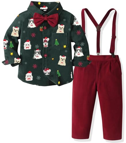 Yaopelky Juloutfit för pojkar, skjorta med fluga, strumpbyxor, set, pojkar, klänning, kläder, gentleman-kläder, Grön skjorta + röda byxor (djurtryck), 2-3 år