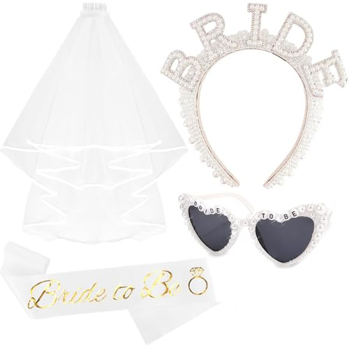 ZenithAura 4 Stücke Braut Set Braut Stirnband Herzförmige Sonnenbrille Braut To Be Schärpe Und Schleier Junggesellinnenabschied Party Brautfeier