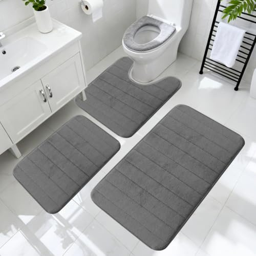 YNNHUDEEP Set di 3 tappetini da bagno con memory foam – tappetini antiscivolo e lavabili per bagno, doccia e toilette – Comfort lussuoso e design moderno (Grigio scuro)