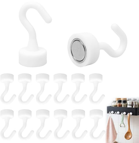 12 Stück Magnetische Haken,5kg Extra Starke Haken Magnetisch,Hakenmagnete Stanzfrei Magnethacken,Magnethaken für Camping Schließfächer Werkstatteinrichtung Montage,Küche,Büro,Kleiderhaken(Weiß)