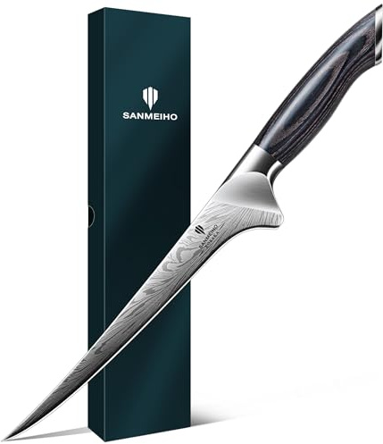 SANMEIHO Filetiermesser aus Pulverstahl, Japanisches Filetiermesser Fisch 18cm, Professionelles Fischfiletiermesser aus Kohlenstoffstahl, Filitiermesser Scharf mit Ergonomischem Pakkaholzgriff