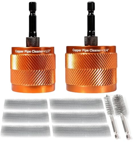 LZEXIN Metal Copper Pipe Cleaner Set with 6.35mm Hex Shank, 15mm/22mm Copper Pipe Cleaning Kit with 6 Replaceable Brushes & 2 Pipe Cleaning Brushes, Professional Plumbing Tools for Drill Rust Clean