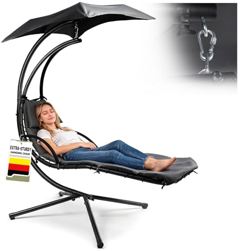 Huracan Hängematte mit Gestell, Schwebeliege Sonnenschirm, Hängeliege Outdoor, Schaukelliege mit Dicke Kissen & Stabiler Standfuß, Relaxliege Hängesessel für Garten, Terrasse, Balkon, Anthrazit