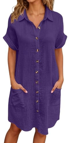 Generico Abito Estivo Donna in Lino con Bottoni Abito da Spiaggia Casual Scollo a V Manica Corta Abito Linea A con Camicetta S-4XL