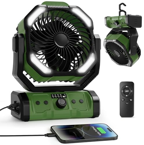 ELZO Camping Ventilador 20000mAh, Portátil Recargable para Escritorio Tienda de Campaña con Control Remoto y Gancho, Luz LED, Ventilador USB de Velocidad Continua, Hogar Exterior Viajes Pesca