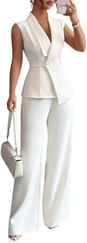 LCDIUDIU Completo Da Donna A Due Pezzi Elegante, Senza Maniche con Scollo A V, Gilet Avvolgente, Blazer, Pantaloni Gamba Larga Vita Alta, Set Coordinati Estivi Eleganti E Aderenti, Abiti Formali Per