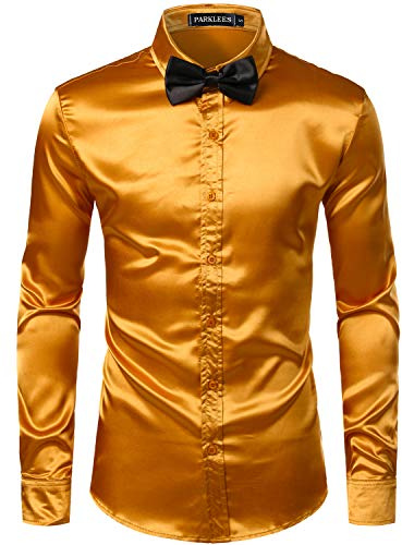 PARKLEES Camisa para hombre, satinada, brillante, Slim Fit, manga larga, para ocio y negocios, para fiesta y club nocturno, dorado, M