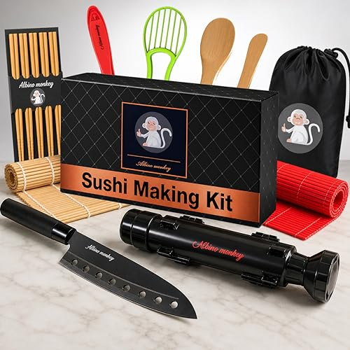 Albino monkey Kit de fabrication de sushis pour débutants avec Bazooka, couteau à sashimi, 2 tapis (bambou / lave-vaisselle PP), moule Nigiri et trancheuse d'avocat | Qualité alimentaire, cadeau