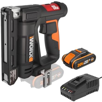 WORX 20V Cordless Crown Stapler WX843, Powershare, 2-in-1, 2000 Shots Per Charge, 500pcs Type 53 Crown Staples, 15mm 18 Gauge Brad Nails,1 2Ah Battery, 1 2A Charger Included