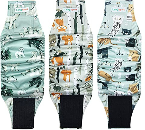 Langsprit Rüdenwindeln, hochabsorbierende Windeln für männliche Hunde, waschbar, Wiederverwendbare Hundewindeln, Fuchs, Katze, Eisbär, Größe M, 3 Stück