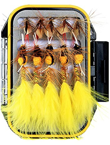 ANCLLO Fliegenfischen, Fliegenköder, Trockenfliegen, Nassfliegen, Sortiment-Set mit wasserdichter Fliegenbox zum Forellenangeln, 30 Stück