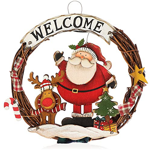 com-four® Ghirlanda di Natale Intrecciata - Ghirlanda per Porta WELCOME - Decorazione Natalizia da Appendere - Corona di Legno ca. Ø 25 cm (Babbo Natale-M)