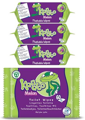 Kandoo Melon Flushable Moist Toilet Wipes, 4 x 60 Wipes (Total 240 ), Biodegradable and Plastic Free, Wet Toilet Tissues for Toddlers, Melon Scented, Multipack