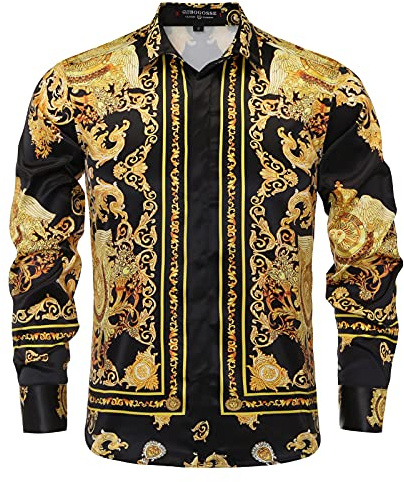 Mens Luxury Brand Printed Silk Like Satin Button Down Dress Shirt for Party Prom Long Sleeve Slim Fit Floral Nightclub Shirt