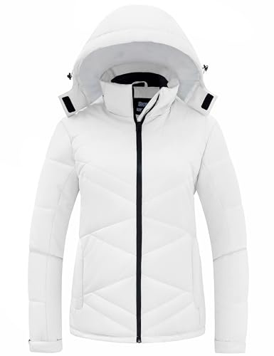 Skieer Women's Waterproof Ski Jacket Windproof Hooded Raincoat Warm Snow Coat White S
