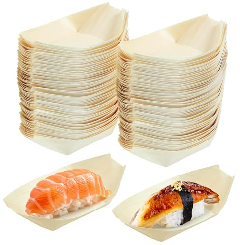 YARNOW 100 Stücke Schiffchen Einweg Holz Schale Pommesschalen Fingerfood kleine Servierschale Take Box Snack Schüssel Frittierkörbchen für Sushi Tapas Geburtstag Grillparty 14X8X4CM