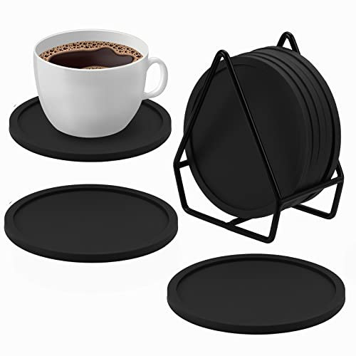 Coptiner Silikon Untersetzer Gläser Rund 8er Set, Glasuntersetzer Schwarz mit Halter rutschfeste Tassenuntersetzer für Getränke, Tassen, Bar, Teetassen, Kaffeetassen