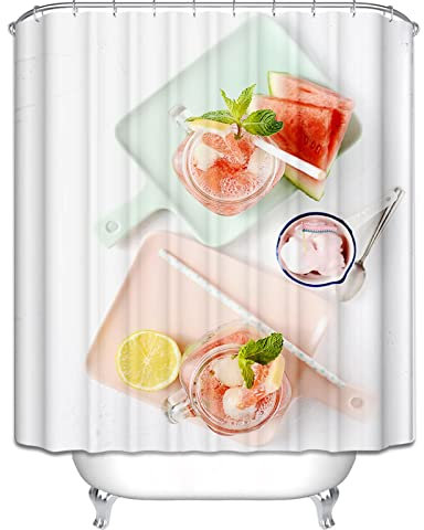 EHOMERY Duschvorhang Beschwerer Duschrollo Ohne Bohren Badewanne Marshmallow-Wassermelone Duschvorhang U Form Ohne Bohren Duschrollo Zubehör Polyester 12 Hakenringe, 180X180Cm