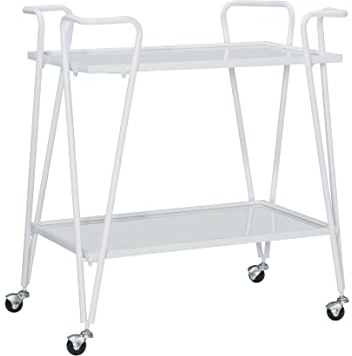 Gina White Mid-Century Bar Cart with Mirrored Shelves and Locking Wheels by Linon