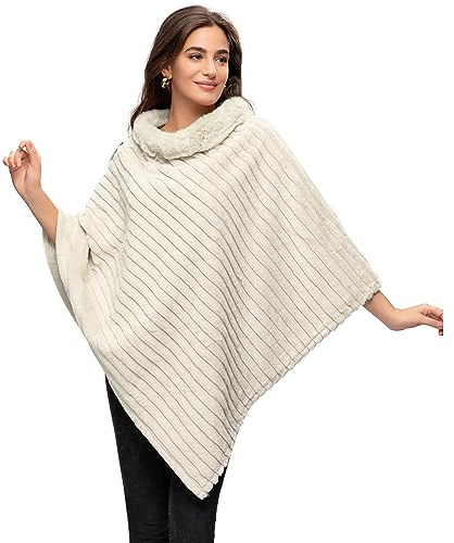 GLAMEXX24 Poncho da donna elegante mantello invernale con scollo rotondo, mantello spesso in calda pelliccia lavorata a maglia, beige., Taglia unica