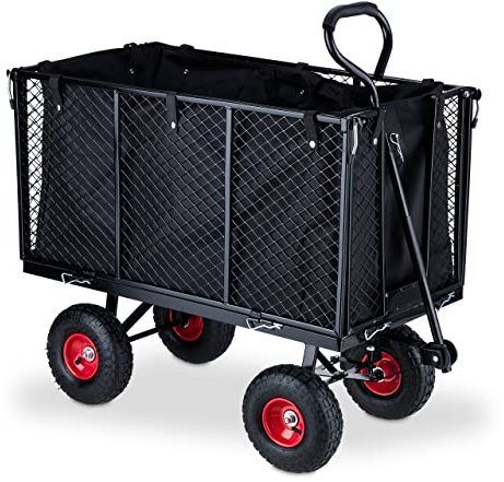 Relaxdays Handwagen, großer Bollerwagen, klappbare Seitenteile, herausnehmbare Plane, mit Griffen, 500 kg, schwarz-rot