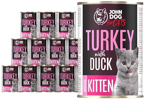 John Dog for Cats Nassfutter für Kätzchen - hochwertiges Nassfutter für wachsende Kitten - 100% natürlich Katzenfutter ohne Getreide - Truthahn und Ente 400g (12er Pack)
