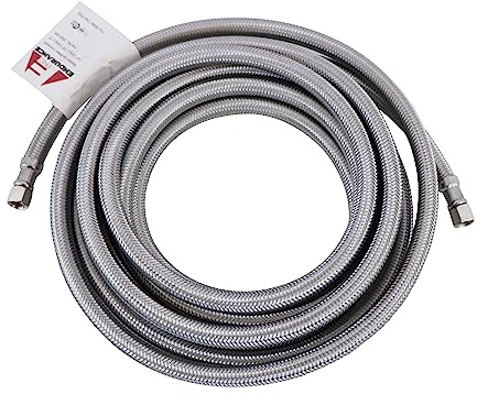 Endurance Pro 15 Foot Universal Ice Maker Flexible Braided Stainless Steel Water Supply Hose Connector Connection, 1/4 x 1/4 Inch Compression Fittings (1, 15 Foot)