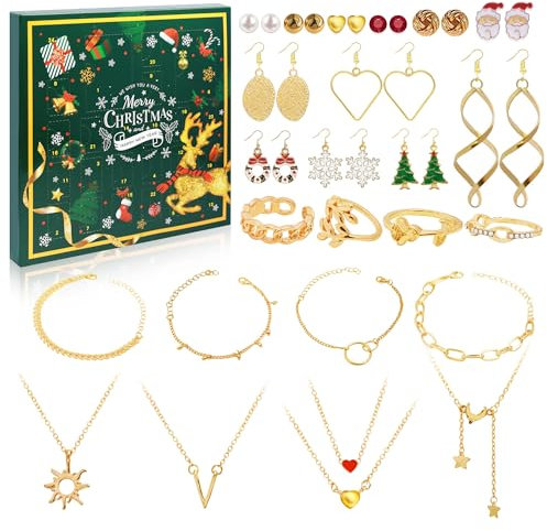 Schmuck Adventskalender 2023 Frauen,Countdown Kalender,Weihnachtskalender 24 Überraschungen-Halskette Armband Ringe Ohrringe,Damen Schmuck Set,Weihnachten Geschenk für Damen Mädchen