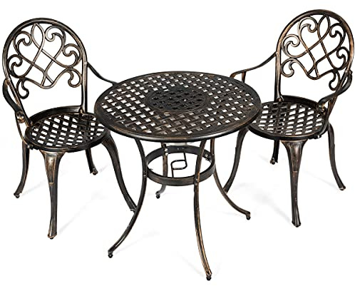 GIANTEX 3-teiliges Bistrotisch-Set mit abnehmbarem Eiseimer, runder Esstisch aus Aluminiumguss und 2 Stühlen mit Armlehne