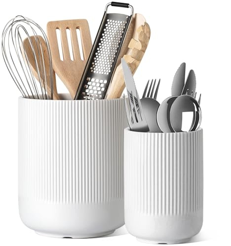 LE TAUCI Utensil Holder for Kitchen Counter, 7.3+5.4 Fluted Ceramic Utensil Crock Organizer for Countertop, Heavy Large Holder for Spatulas, Spoons, Set of 2, White, Kitchen Counter Decor