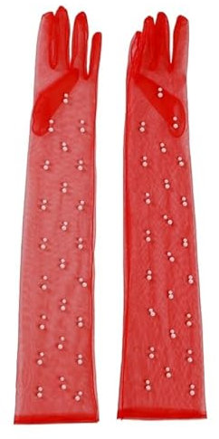 Damen-Hochzeitshandschuhe, lange Tüll-Brauthandschuhe, weiße Finger, Opera Gala, transparente Brauthandschuhe (Color : Red, Size : Medium)